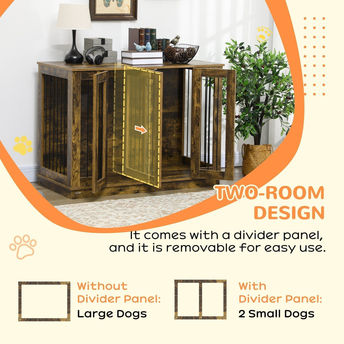 Large Furniture Style Dog Crate with Removable Panel, End Table with Two Rooms Design and Two Front Doors, Rustic Brown, 47" x 23.5" x 35" - Prioka