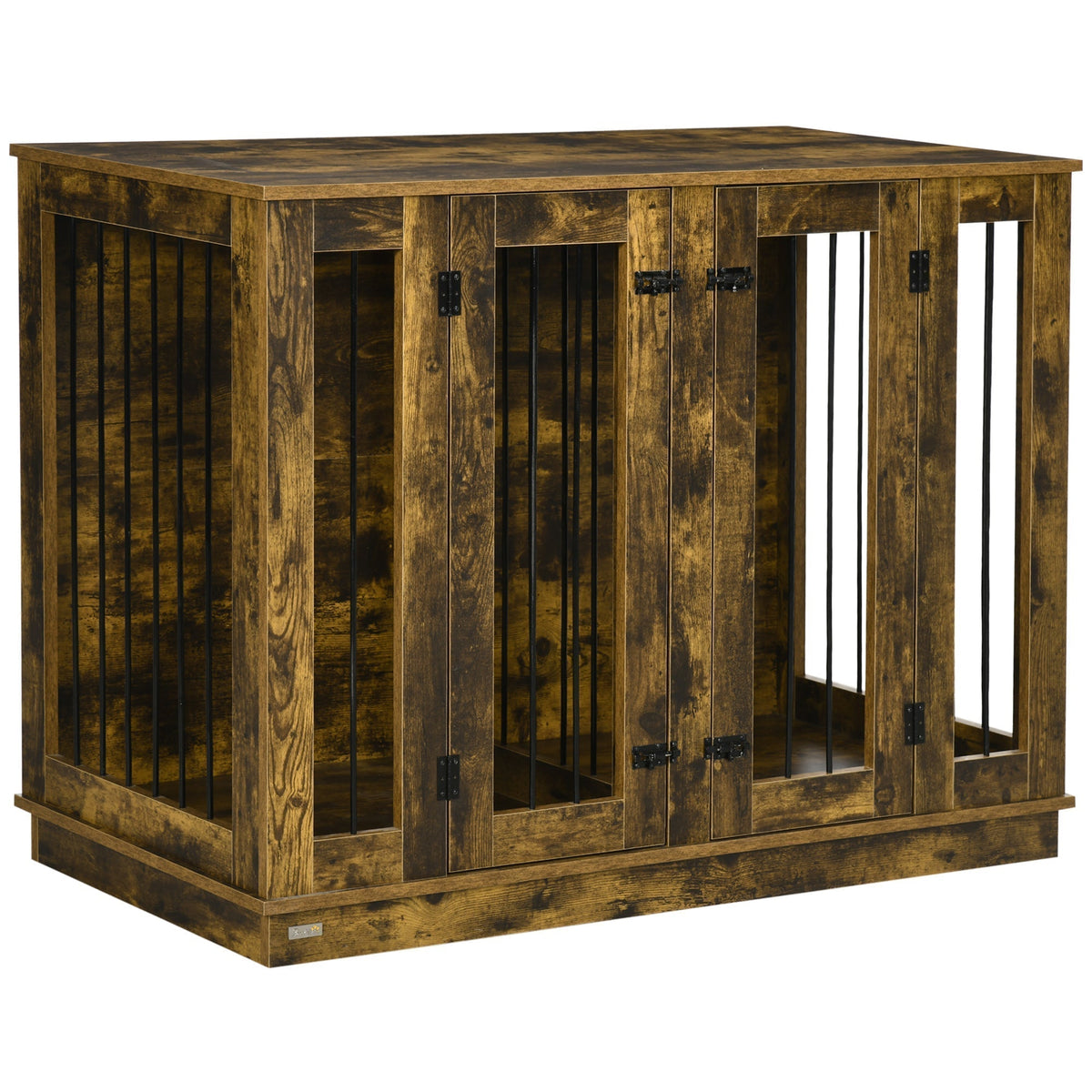 Large Furniture Style Dog Crate with Removable Panel, End Table with Two Rooms Design and Two Front Doors, Rustic Brown, 47" x 23.5" x 35" - Prioka