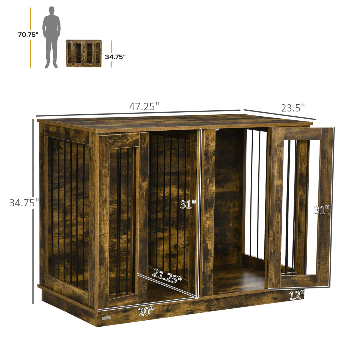Large Furniture Style Dog Crate with Removable Panel, End Table with Two Rooms Design and Two Front Doors, Rustic Brown, 47" x 23.5" x 35" - Prioka