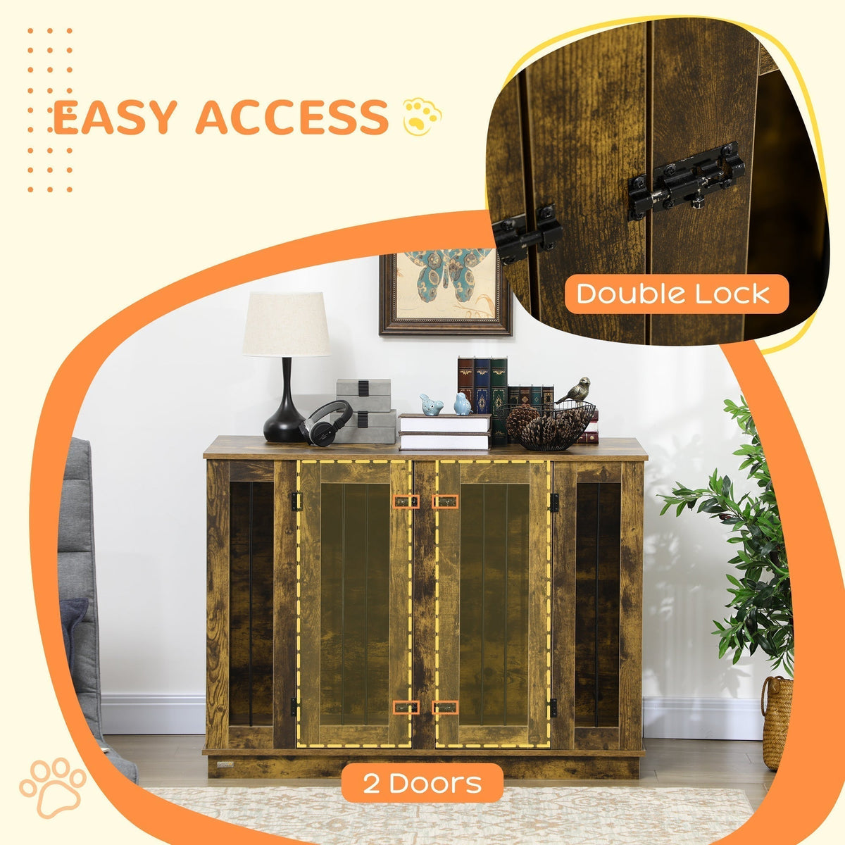 Large Furniture Style Dog Crate with Removable Panel, End Table with Two Rooms Design and Two Front Doors, Rustic Brown, 47" x 23.5" x 35" - Prioka