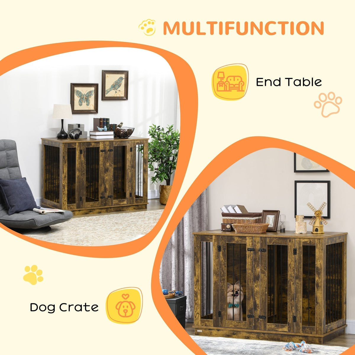 Large Furniture Style Dog Crate with Removable Panel, End Table with Two Rooms Design and Two Front Doors, Rustic Brown, 47" x 23.5" x 35" - Prioka