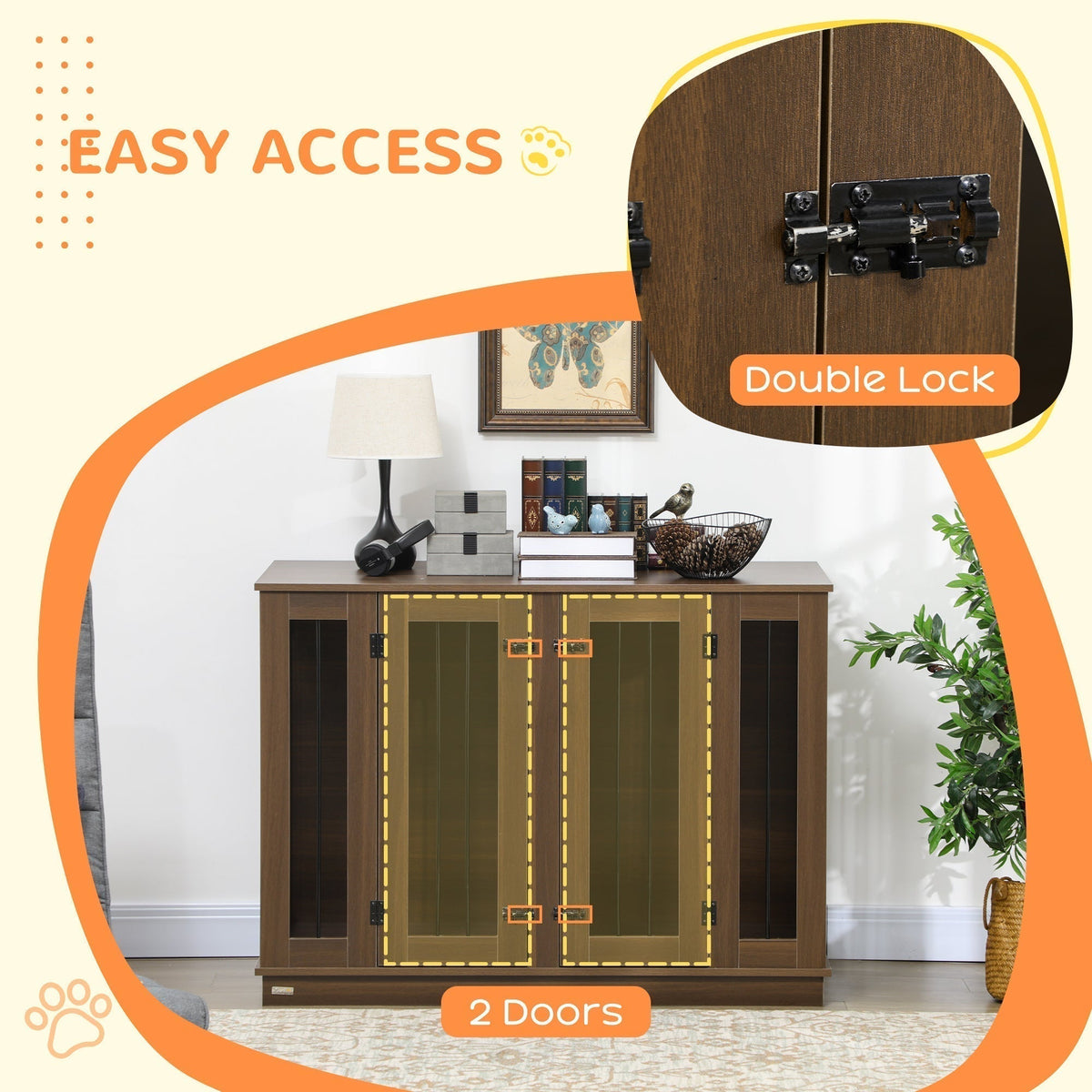 Large Furniture Style Dog Crate with Removable Panel, End Table with Two Rooms Design and Two Front Doors, Walnut, 47" x 23.5" x 35" - Prioka