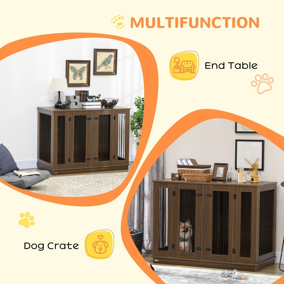 Large Furniture Style Dog Crate with Removable Panel, End Table with Two Rooms Design and Two Front Doors, Walnut, 47" x 23.5" x 35" - Prioka