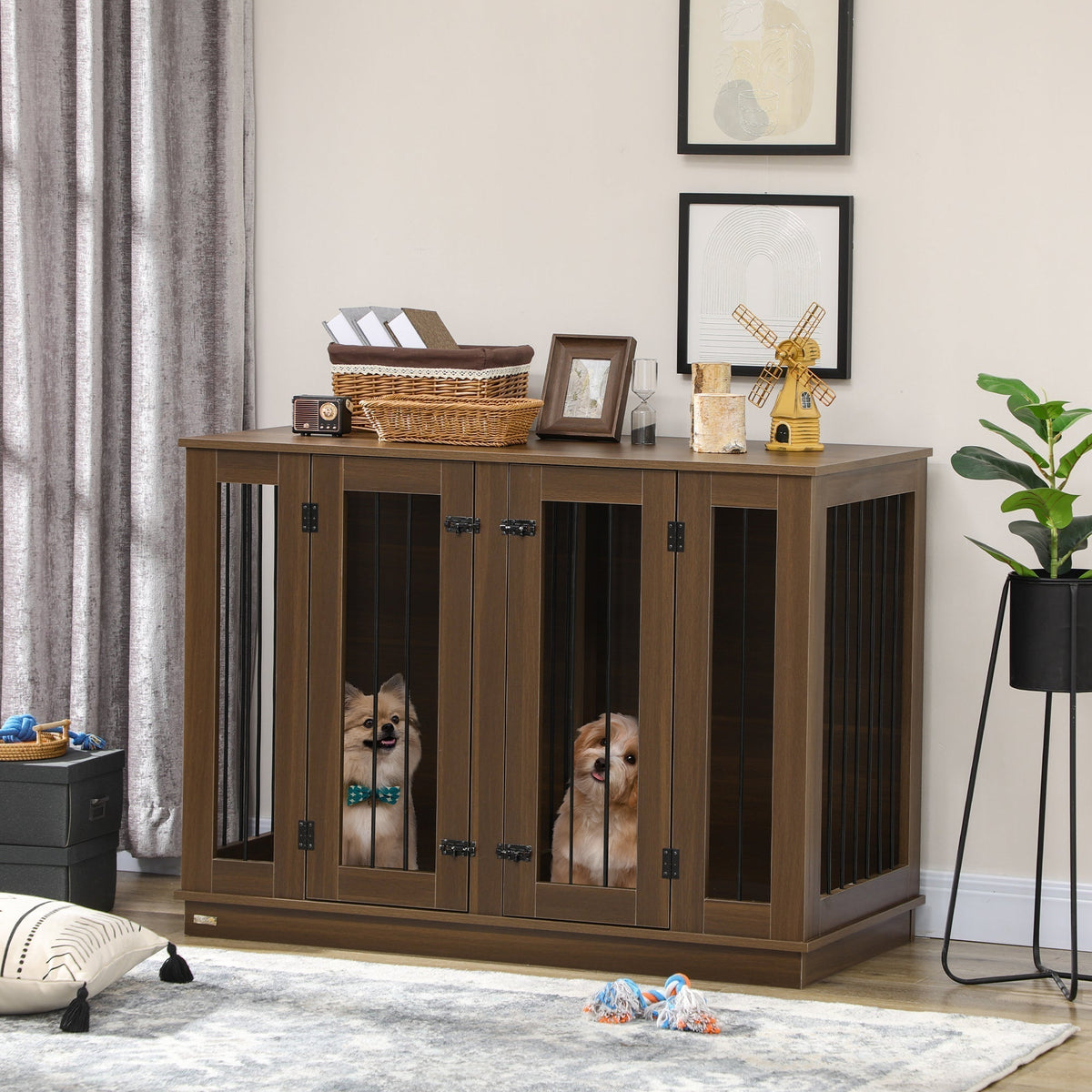 Large Furniture Style Dog Crate with Removable Panel, End Table with Two Rooms Design and Two Front Doors, Walnut, 47" x 23.5" x 35" - Prioka