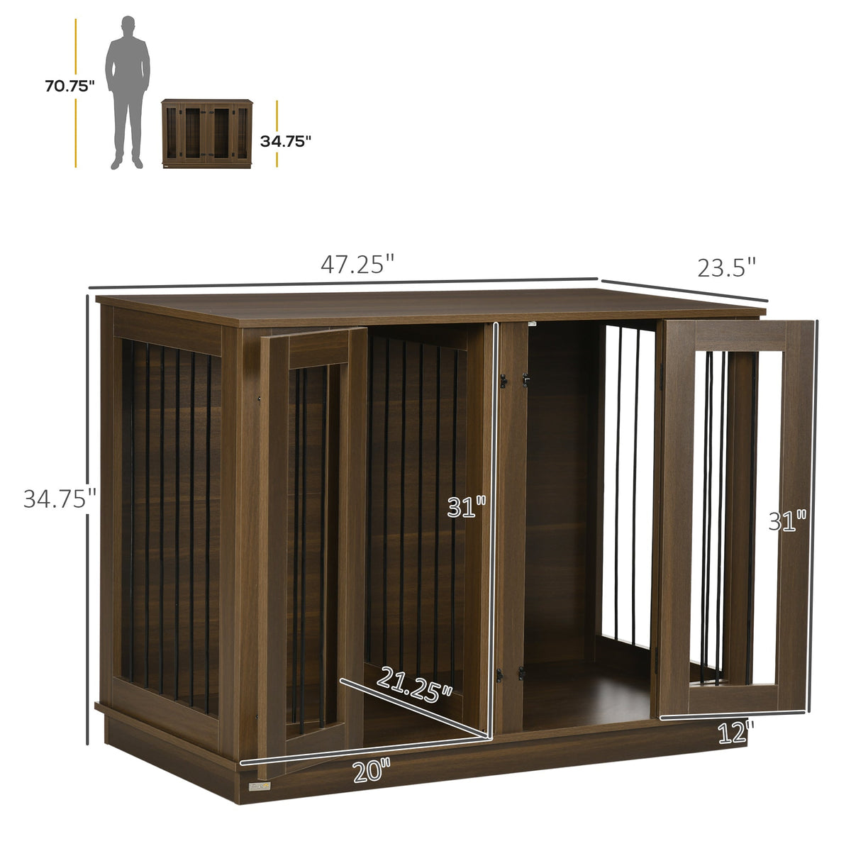 Large Furniture Style Dog Crate with Removable Panel, End Table with Two Rooms Design and Two Front Doors, Walnut, 47" x 23.5" x 35" - Prioka