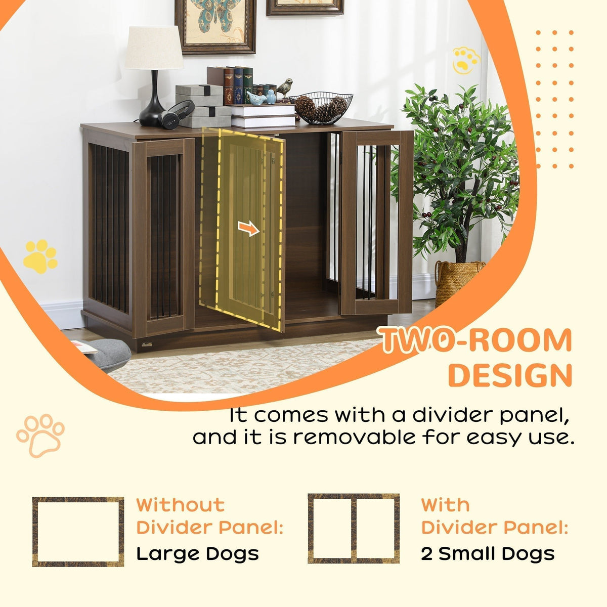 Large Furniture Style Dog Crate with Removable Panel, End Table with Two Rooms Design and Two Front Doors, Walnut, 47" x 23.5" x 35" - Prioka