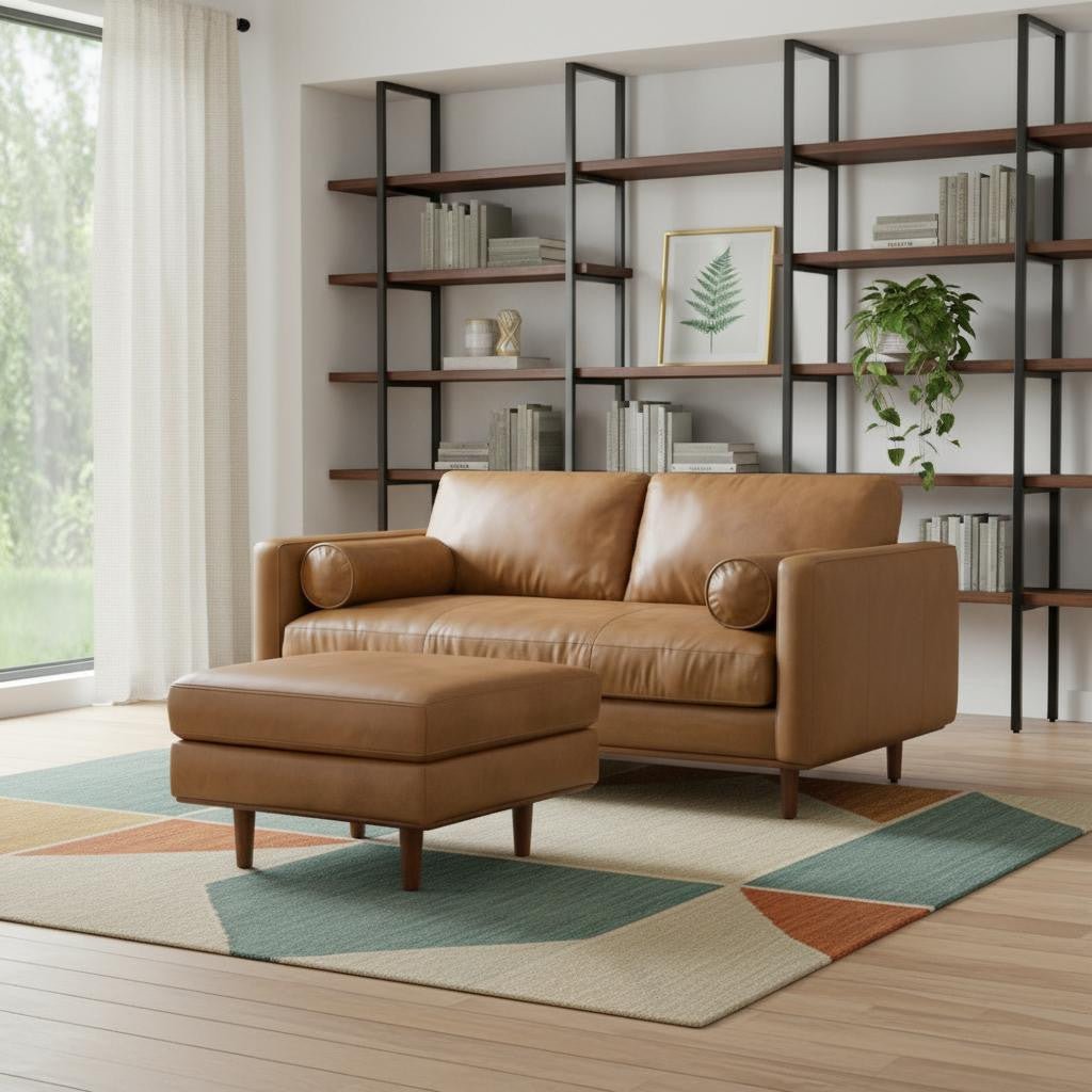 Lennox Leather Sofa with Ottoman – Brown - Prioka
