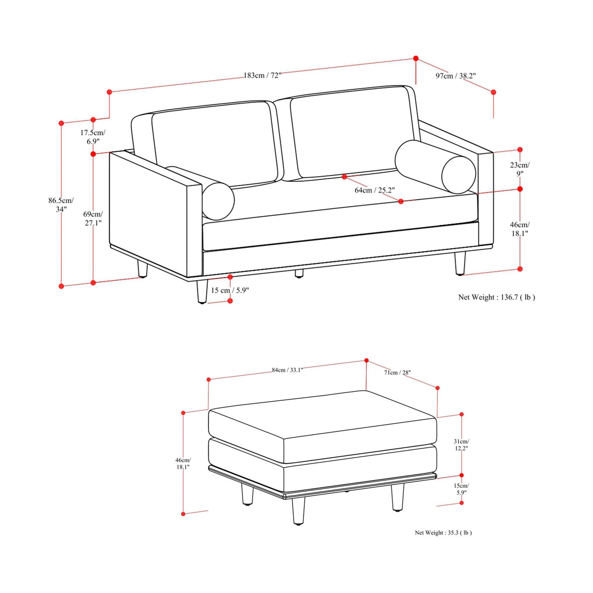 Lennox Leather Sofa with Ottoman – Brown - Prioka