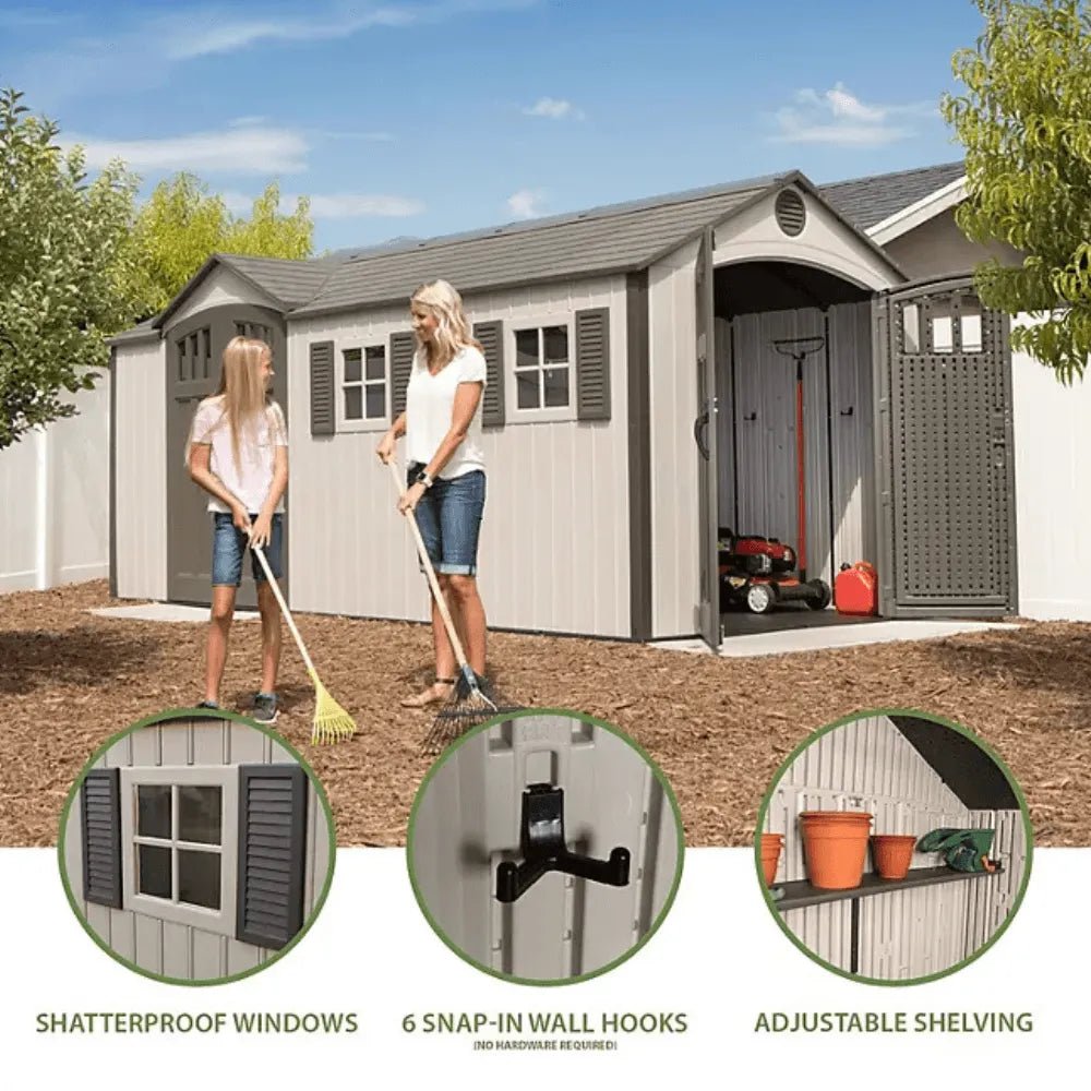 Lifetime 8 x 17.5 ft. Dual Entry Outdoor Storage Shed, Tan (Model 60213) - Prioka