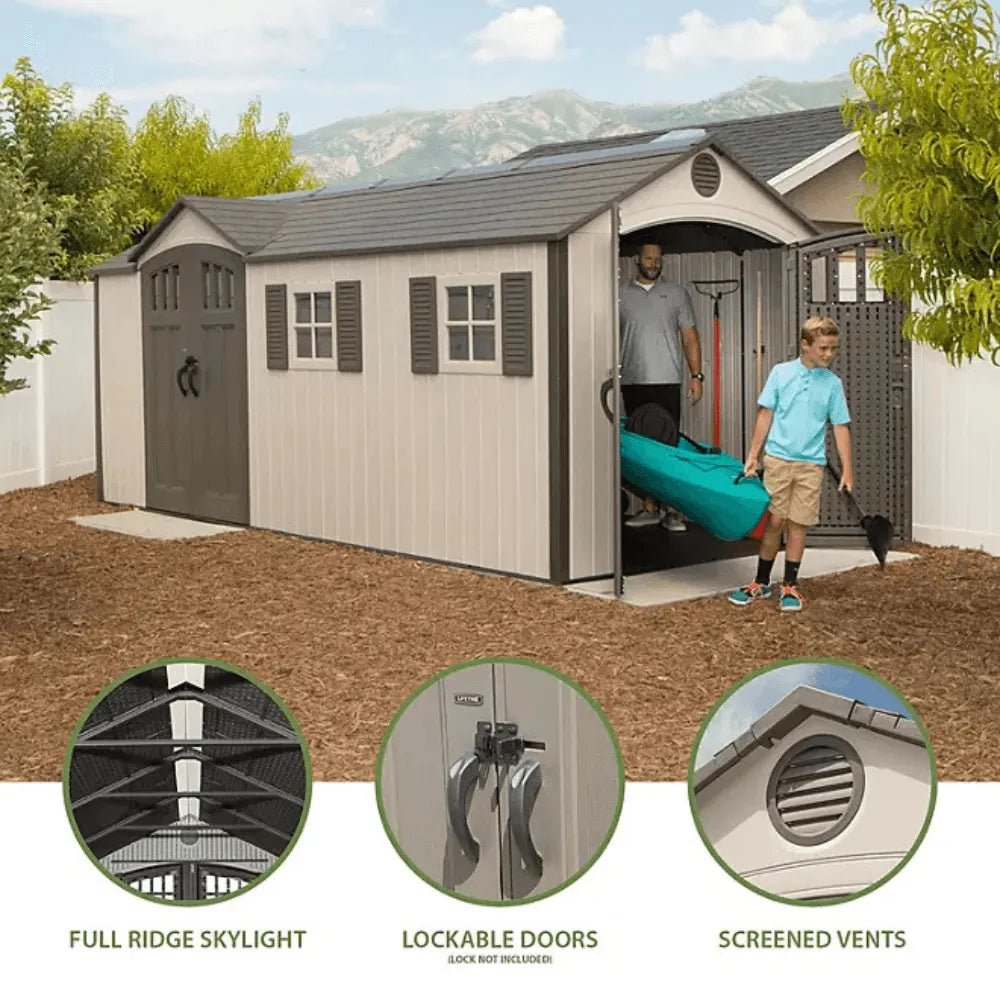 Lifetime 8 x 17.5 ft. Dual Entry Outdoor Storage Shed, Tan (Model 60213) - Prioka