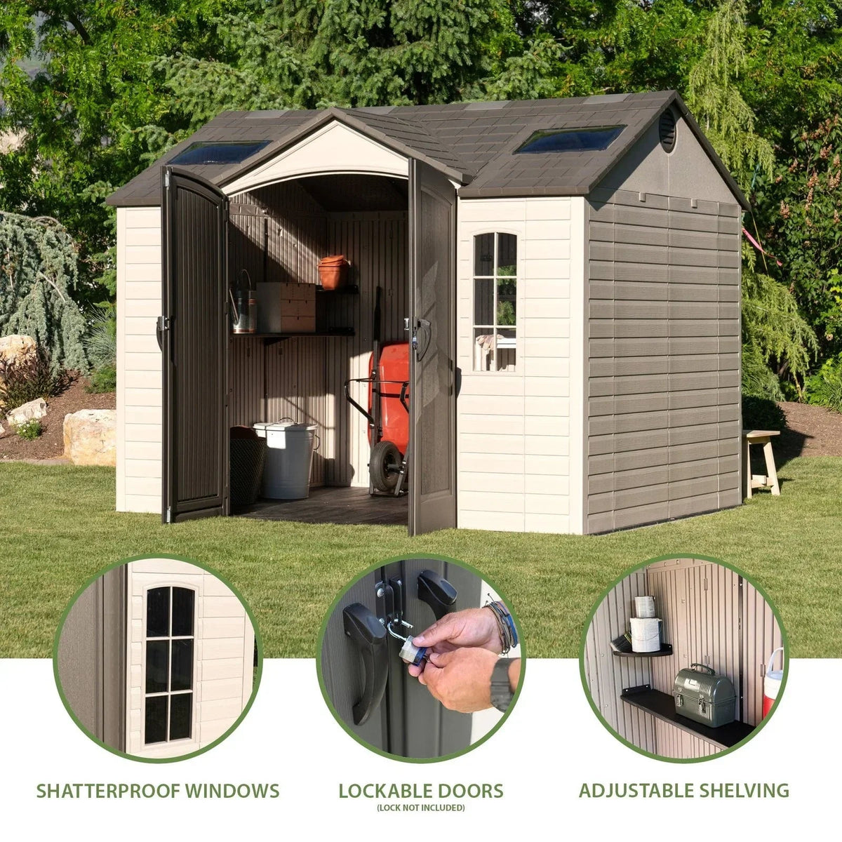 Lifetime Lockable Polyethylene Outdoor Storage Shed, 10′ x 8′, Tan & Browns (60005) - Prioka