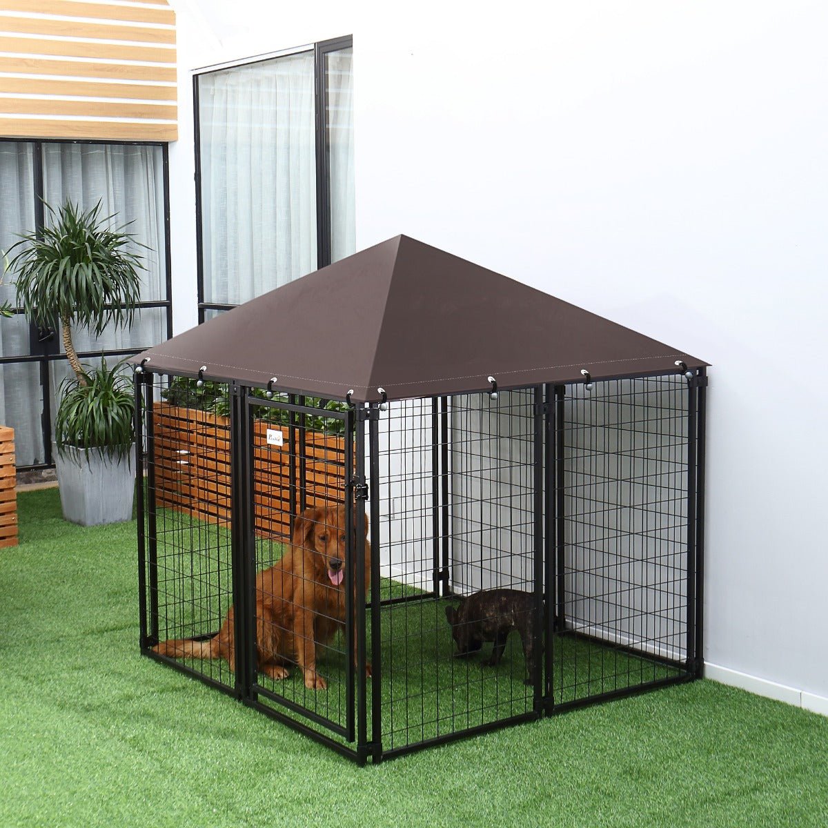 Lockable Dog House Kennel with Water-resistant Roof for Small and Medium Sized Pets, 4.6' x 4.6' x 5' - Prioka