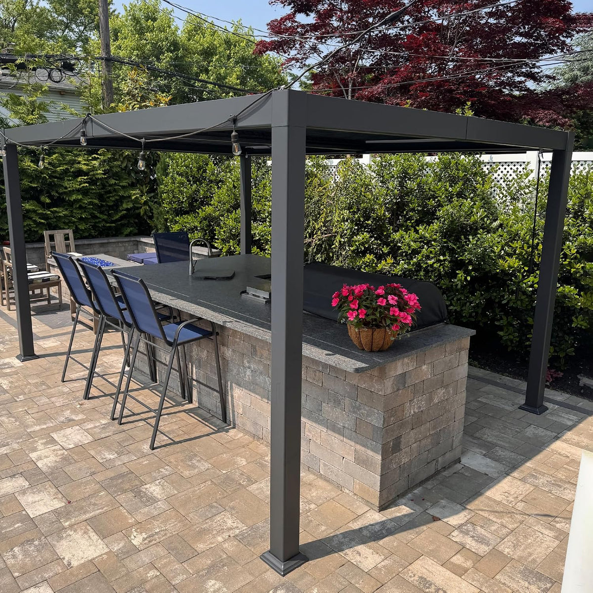 Louvered Pergola 10′ x 14′ Aluminum Pergola w/Independent Roof | 70 mph for stability, Reinforced beams add strength, Hidden drainage keeps dry, Independent louvers customize shade - Prioka