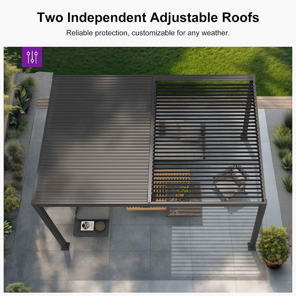 Louvered Pergola 10′ x 14′ Aluminum Pergola w/Independent Roof | 70 mph for stability, Reinforced beams add strength, Hidden drainage keeps dry, Independent louvers customize shade - Prioka