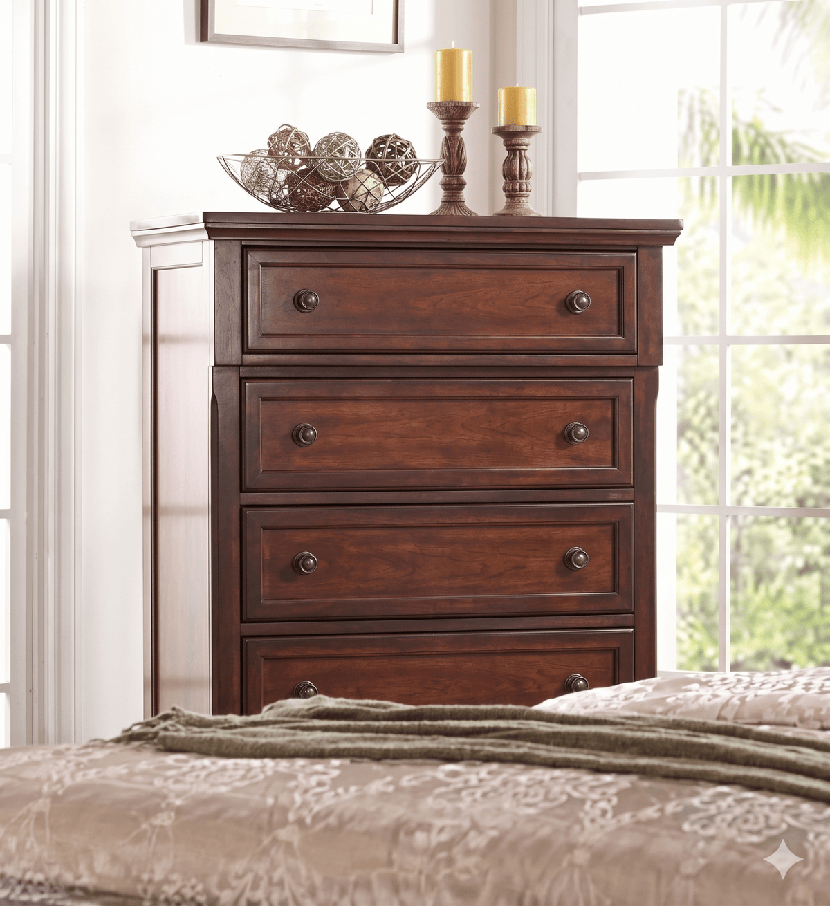 McFerran B608 Storage Sleigh Bedroom Set in Cherry - 2-Drawer Footboard and Bun Feet - Prioka