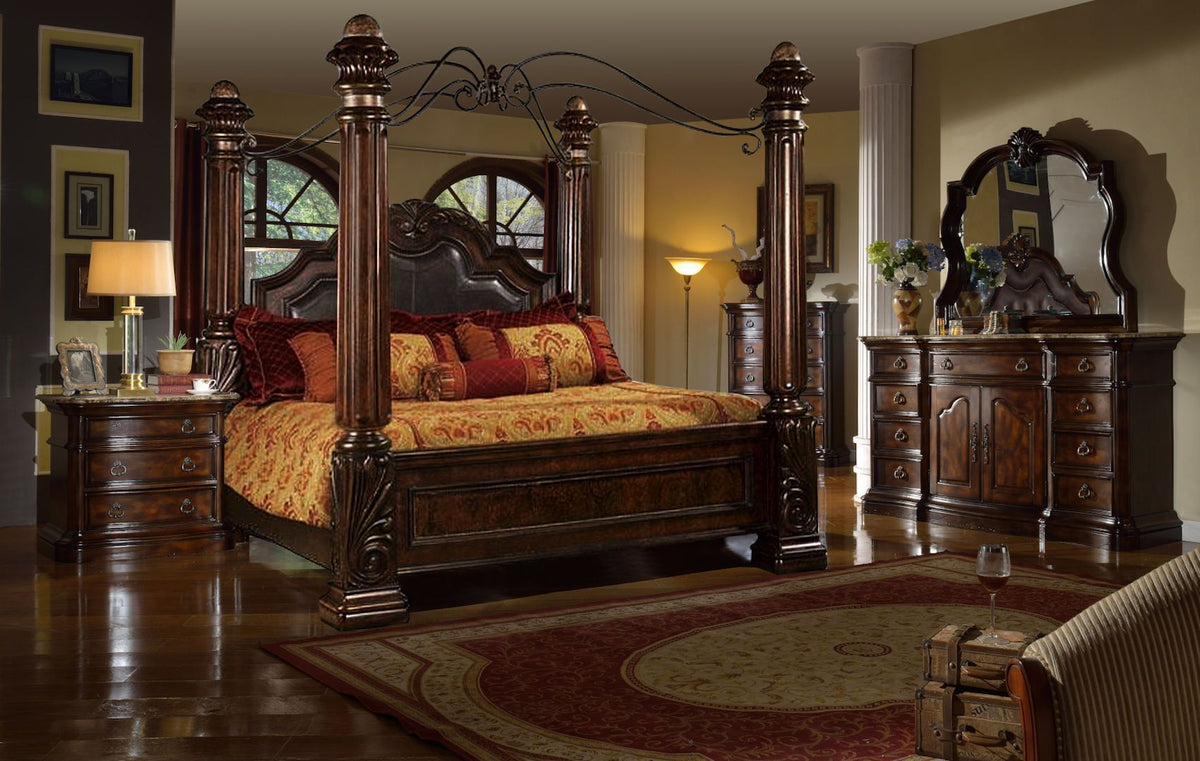 McFerran Home Furnishings B6005 Canopy Bedroom Set – Traditional Carved Solid Wood in Rich Brown Finish - Prioka