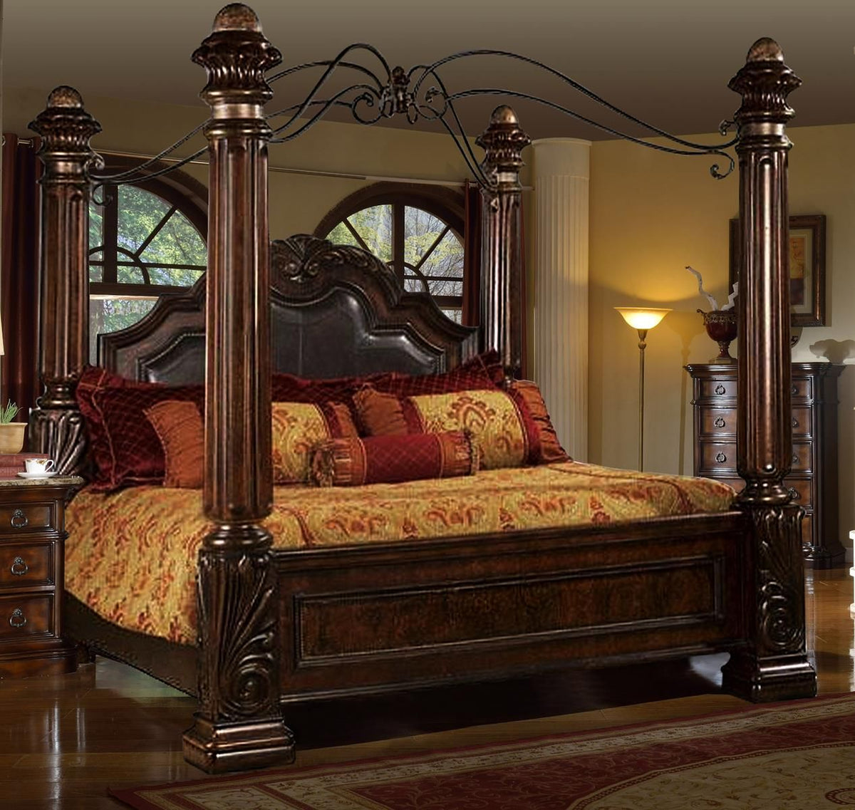 McFerran Home Furnishings B6005 Canopy Bedroom Set – Traditional Carved Solid Wood in Rich Brown Finish - Prioka