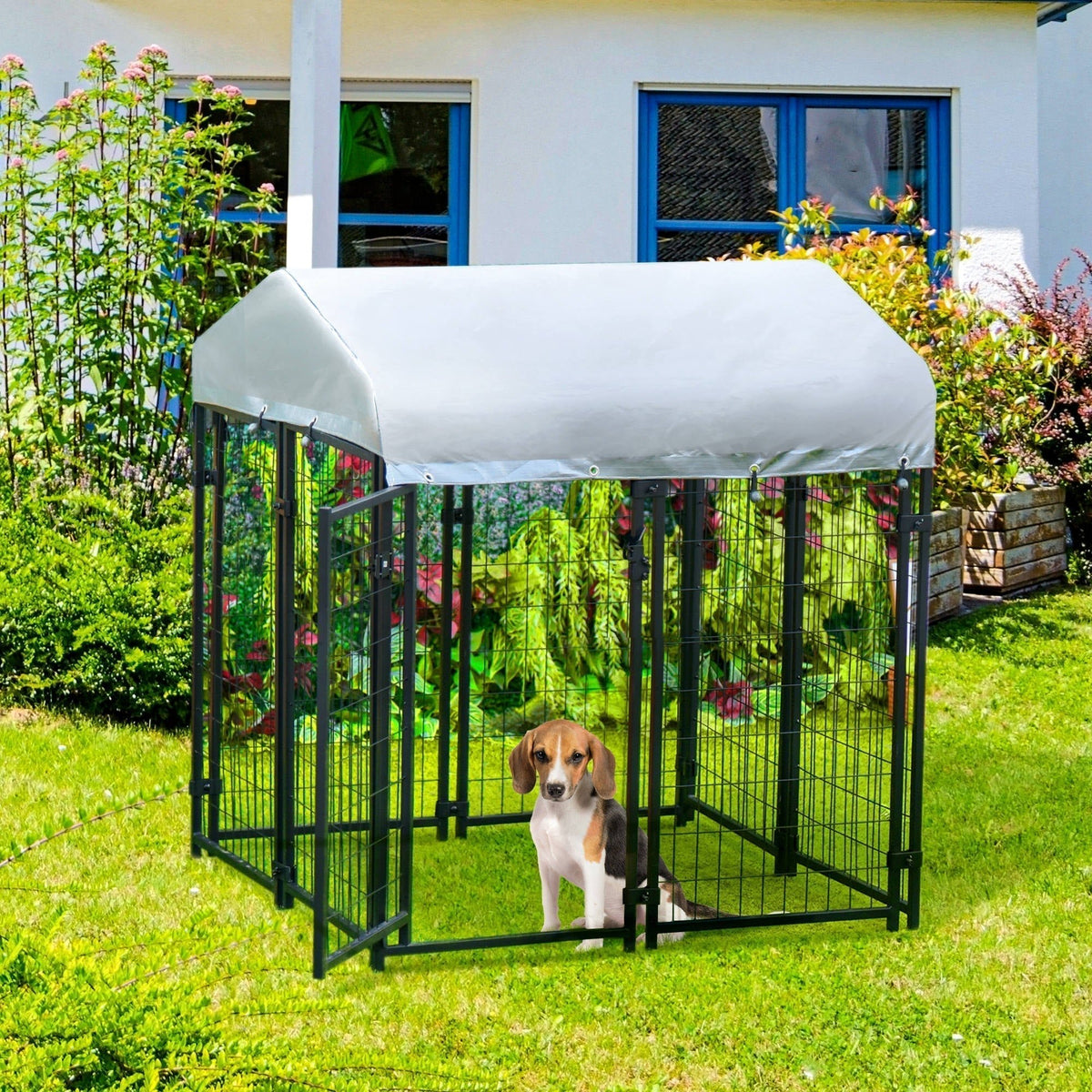 Medium-sized Outdoor Dog Kennel Galvanized Steel Fence with UV-Resistant Oxford Cloth Roof & Secure Lock 47.25" x 47.25" x 54.25" - Prioka