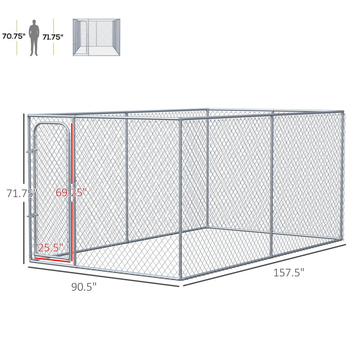 Outdoor Dog Kennel Galvanized Chain Link Fence Heavy Duty Pet Run House Chicken Coop with Secure Lock Mesh Sidewalls for Backyard, Silver - Prioka