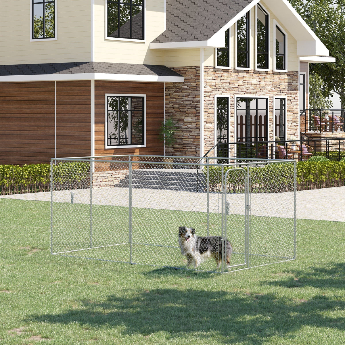 Outdoor Dog Kennel Galvanized Chain Link Fence Heavy Duty Pet Run House Chicken Coop with Secure Lock Mesh Sidewalls for Backyard, Silver - Prioka