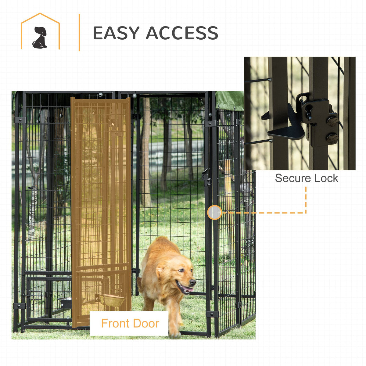 Outdoor Dog Kennel, Lockable Pet Playpen Crate, Welded Wire Steel Fence, with Water-, UV-Resistant Canopy, Rotating Bowl Holders, Door - Prioka
