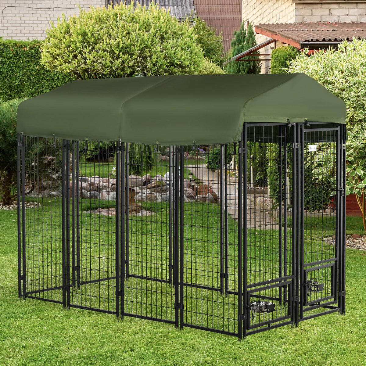 Outdoor Dog Kennel, Lockable Pet Playpen Crate, Welded Wire Steel Fence, with Water-, UV-Resistant Canopy, Rotating Bowl Holders, Door - Prioka
