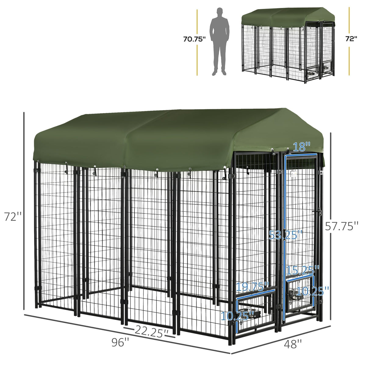 Outdoor Dog Kennel, Lockable Pet Playpen Crate, Welded Wire Steel Fence, with Water-, UV-Resistant Canopy, Rotating Bowl Holders, Door - Prioka