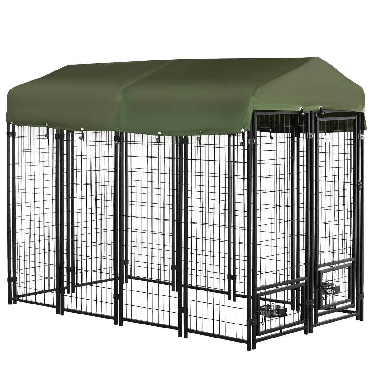 Outdoor Dog Kennel, Lockable Pet Playpen Crate, Welded Wire Steel Fence, with Water-, UV-Resistant Canopy, Rotating Bowl Holders, Door - Prioka