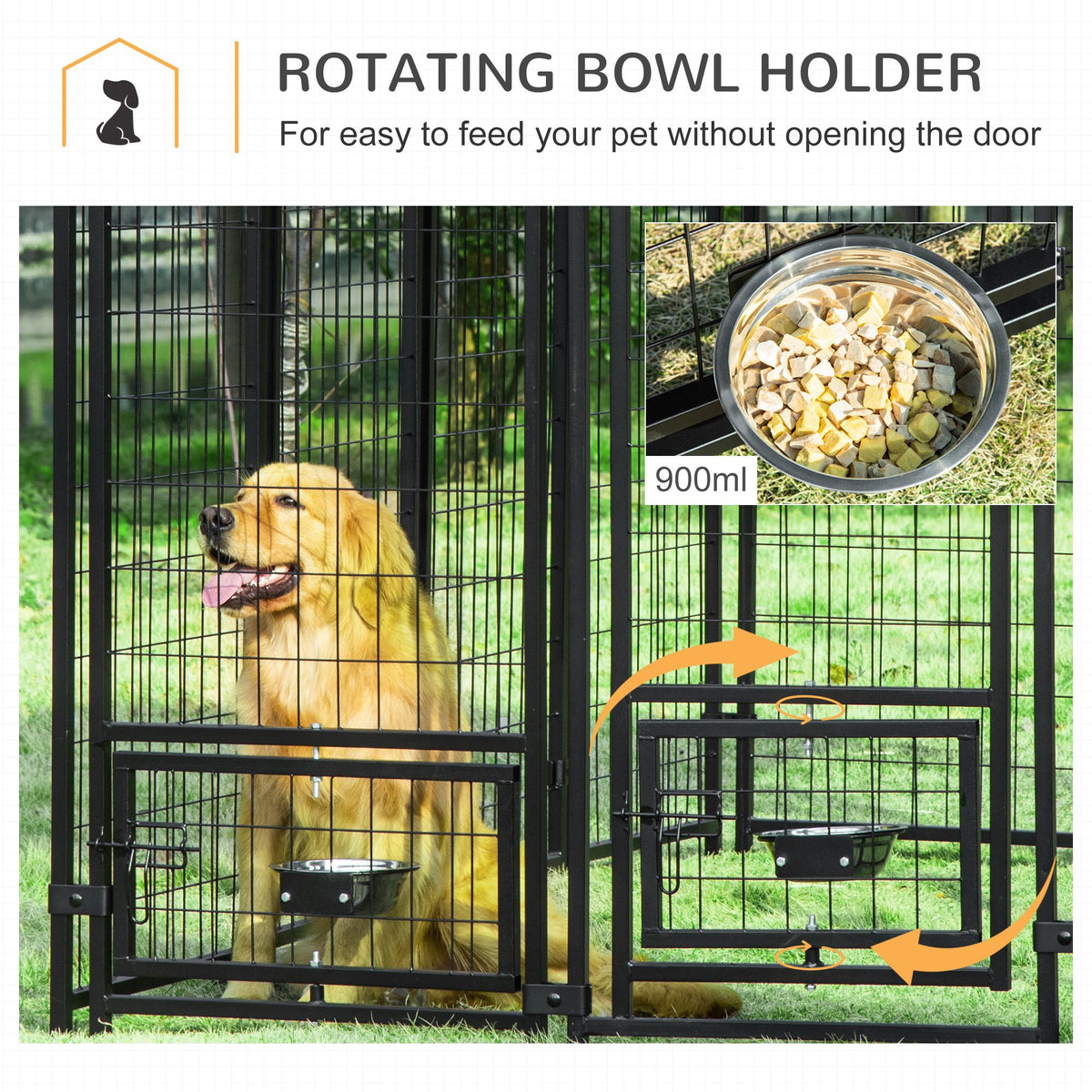 Outdoor Dog Kennel, Lockable Pet Playpen Crate, Welded Wire Steel Fence, with Water-, UV-Resistant Canopy, Rotating Bowl Holders, Door - Prioka