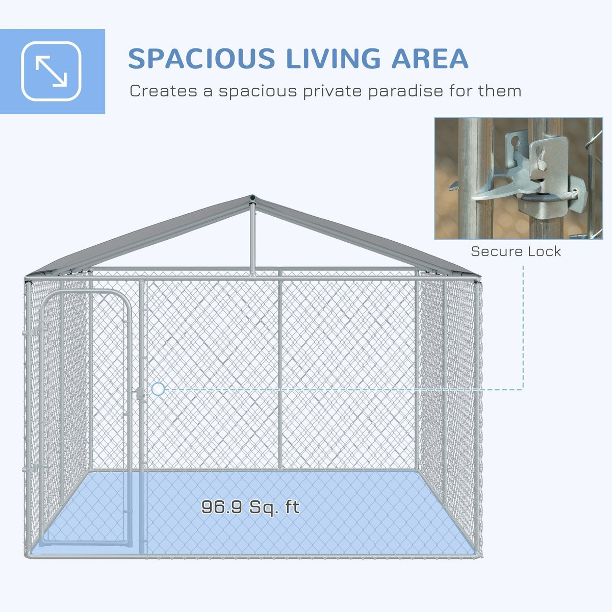 Outdoor Metal Dog Kennel, Pet Playpen with Steel Lock, Mesh Sidewalls and Cover for Backyard & Patio, 9.8' x 9.8' x 7.7' - Prioka