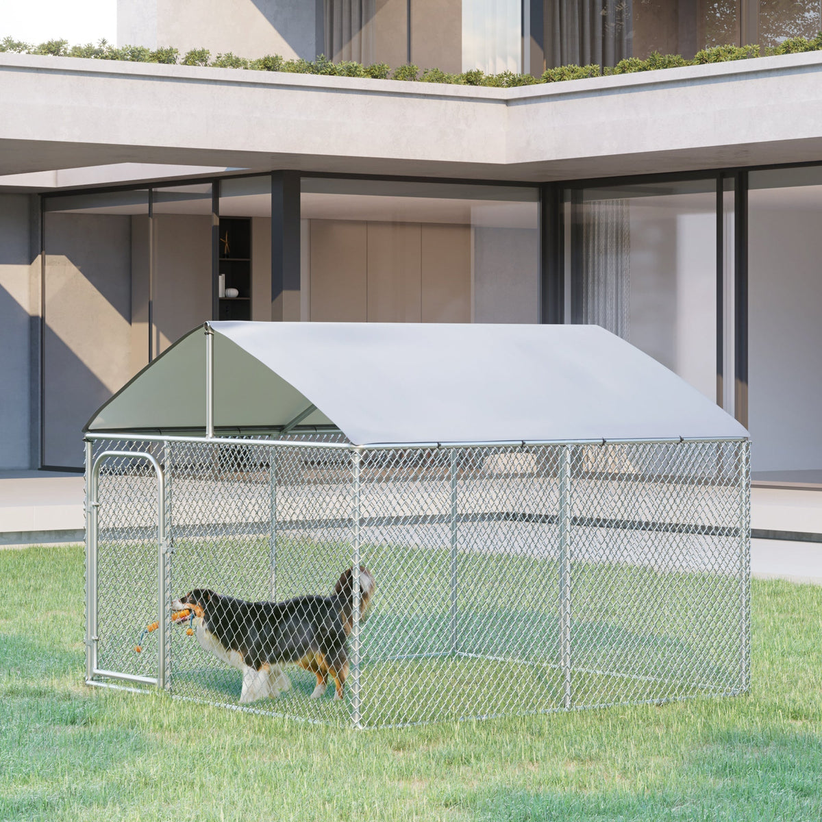 Outdoor Metal Dog Kennel, Pet Playpen with Steel Lock, Mesh Sidewalls and Cover for Backyard & Patio, 9.8' x 9.8' x 7.7' - Prioka