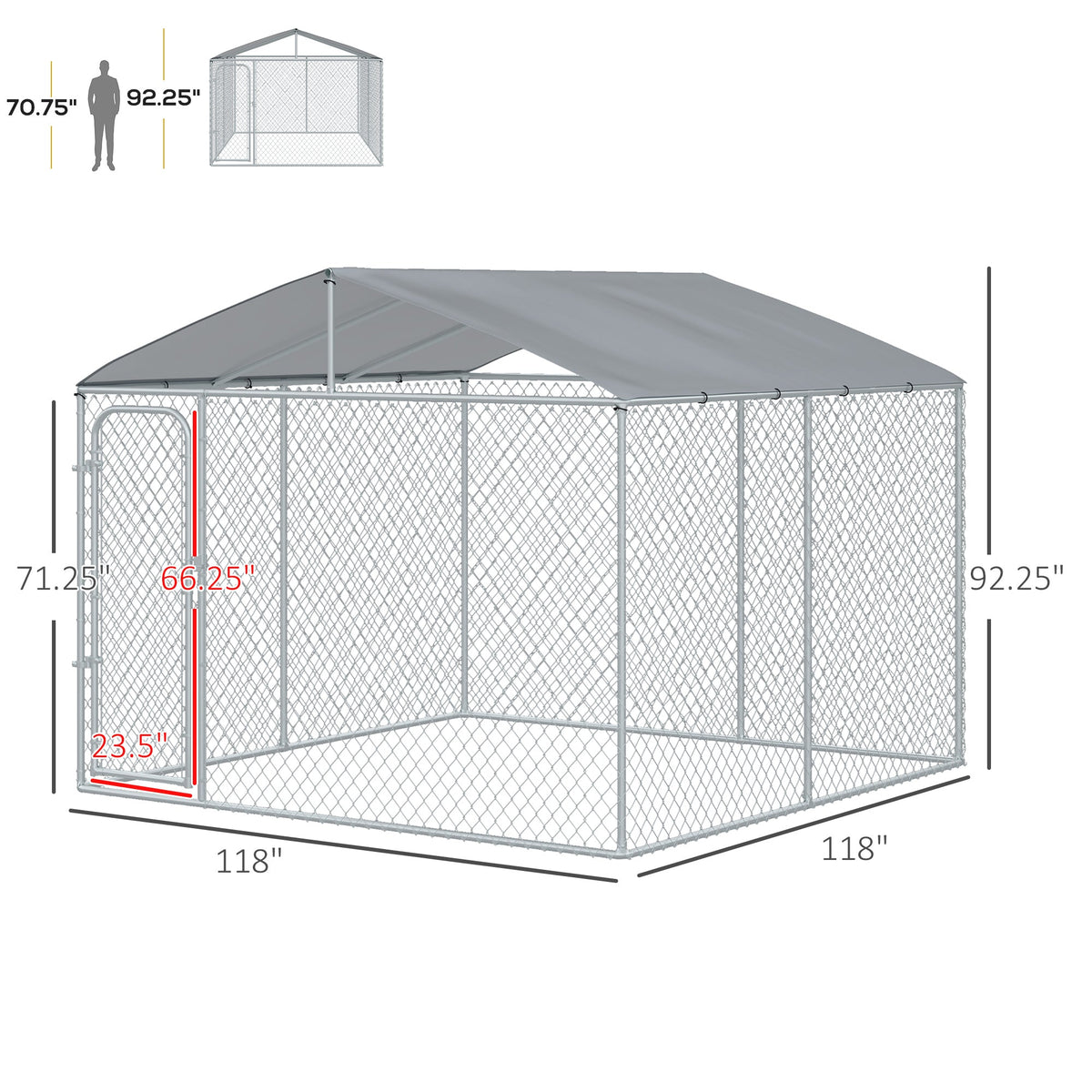 Outdoor Metal Dog Kennel, Pet Playpen with Steel Lock, Mesh Sidewalls and Cover for Backyard & Patio, 9.8' x 9.8' x 7.7' - Prioka