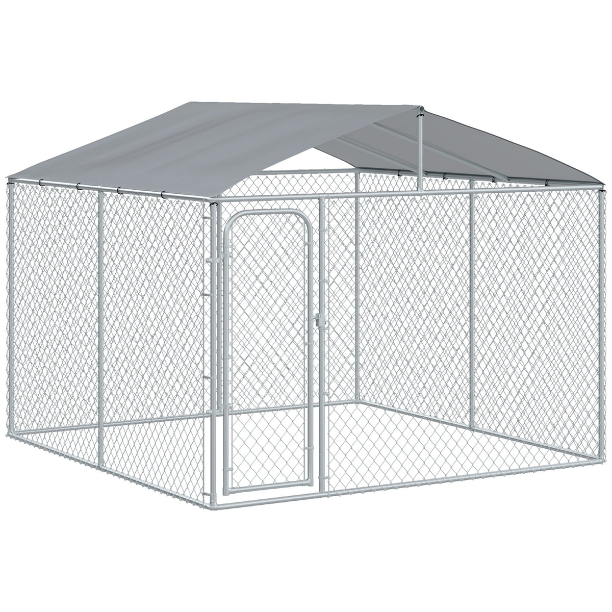 Outdoor Metal Dog Kennel, Pet Playpen with Steel Lock, Mesh Sidewalls and Cover for Backyard & Patio, 9.8' x 9.8' x 7.7' - Prioka