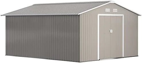 Outsunny 11′ x 13′ Outdoor Storage Shed, Garden Tool Metal Shed with Foundation Kit, Double Lockable Door, Air Vents and Slopings Roofs, for Backyard, Patio, Lawn, Light Grays - Prioka