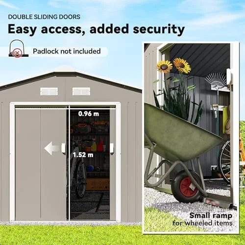 Outsunny 11′ x 13′ Outdoor Storage Shed, Garden Tool Metal Shed with Foundation Kit, Double Lockable Door, Air Vents and Slopings Roofs, for Backyard, Patio, Lawn, Light Grays - Prioka