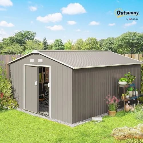 Outsunny 11′ x 13′ Outdoor Storage Shed, Garden Tool Metal Shed with Foundation Kit, Double Lockable Door, Air Vents and Slopings Roofs, for Backyard, Patio, Lawn, Light Grays - Prioka