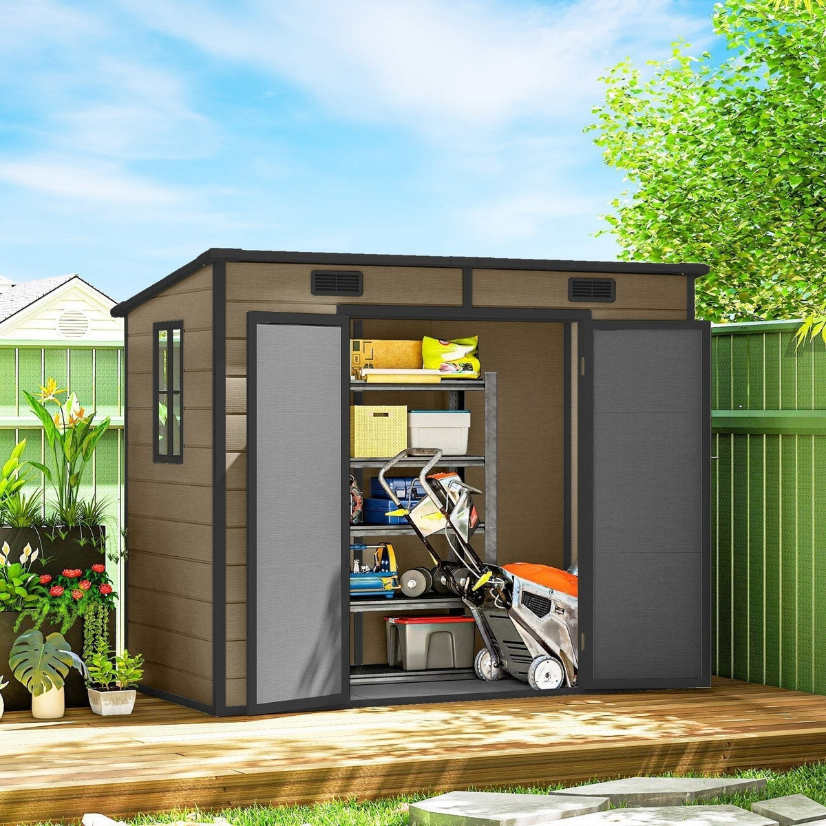 Outsunny 8′ x 4′ Outdoor Storage Shed Light Brown Resin - Prioka