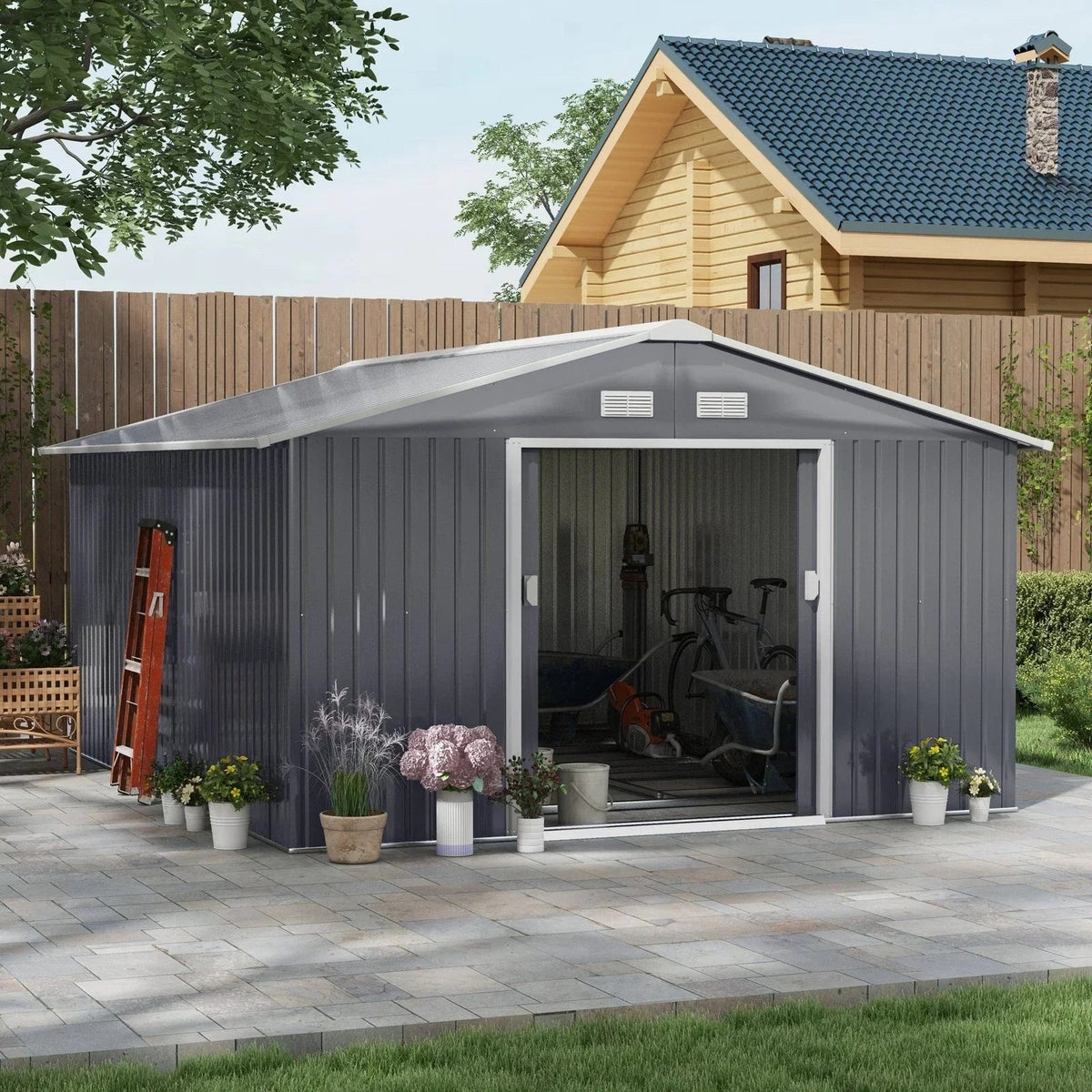 Outsunny Outdoor Storage Shed Dark Gray 11’×13′ Galvanized Steel - Prioka