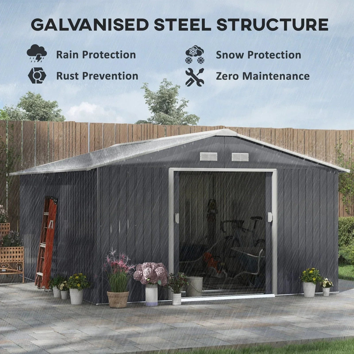 Outsunny Outdoor Storage Shed Dark Gray 11’×13′ Galvanized Steel - Prioka