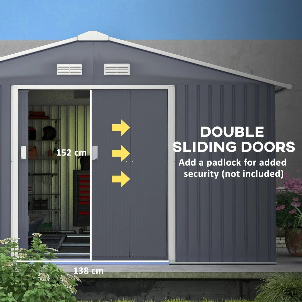 Outsunny Outdoor Storage Shed Dark Gray 11’×13′ Galvanized Steel - Prioka