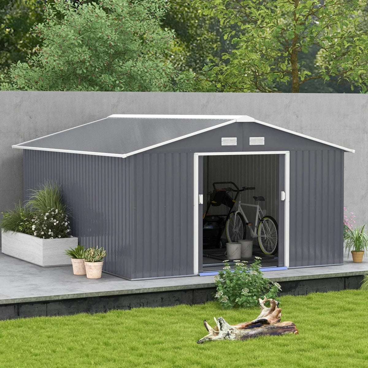 Outsunny Outdoor Storage Shed Dark Gray 11’×13′ Galvanized Steel - Prioka