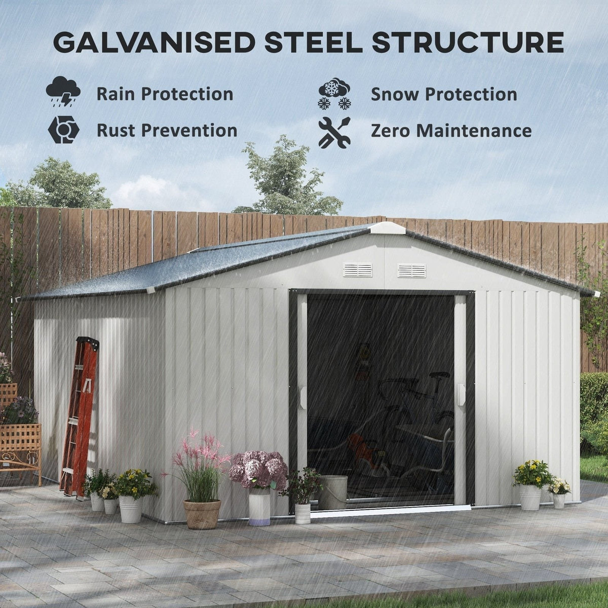 Outsunny Outdoor Storage Shed White 11′ x 13′ Galvanized Steel - Prioka