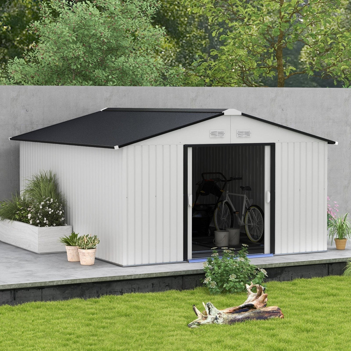Outsunny Outdoor Storage Shed White 11′ x 13′ Galvanized Steel - Prioka