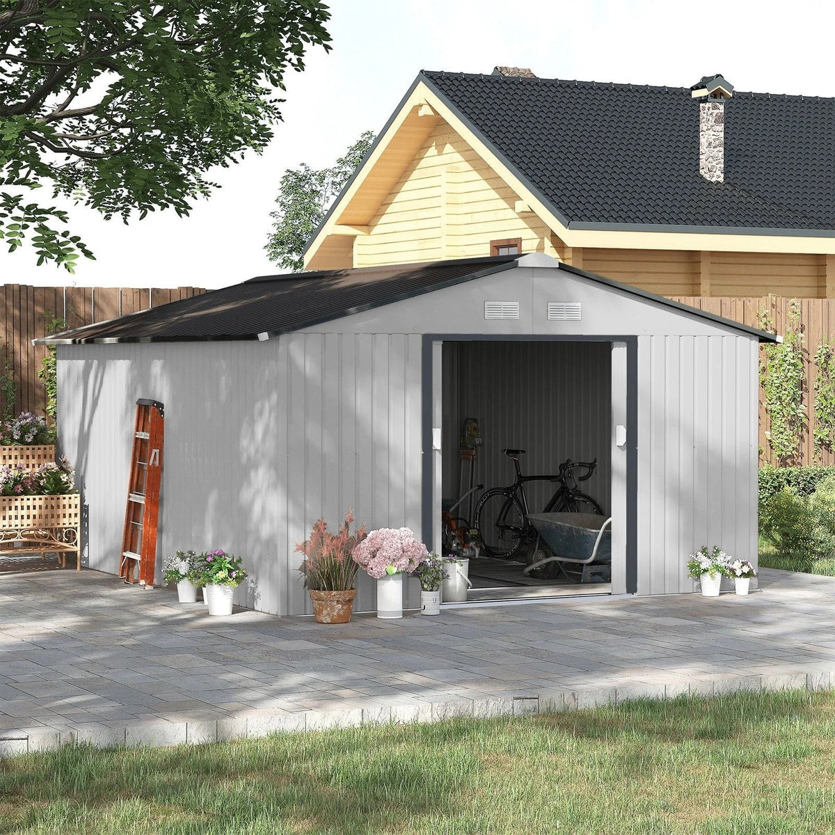 Outsunny Outdoor Storage Shed White 11’×13′ Galvanized Steel - Prioka