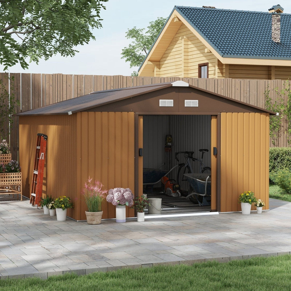 Outsunny Outdoor Storage Shed Yellow 11′ x 13′ Galvanized Steel - Prioka