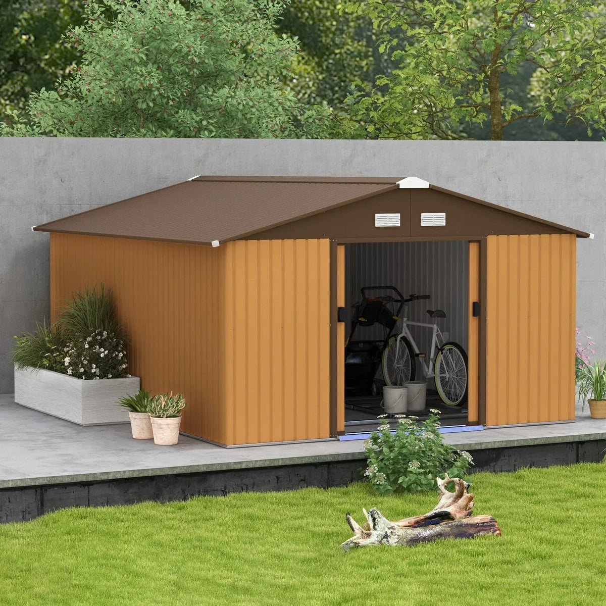 Outsunny Outdoor Storage Shed Yellow 11’×13′ Galvanized Steel - Prioka