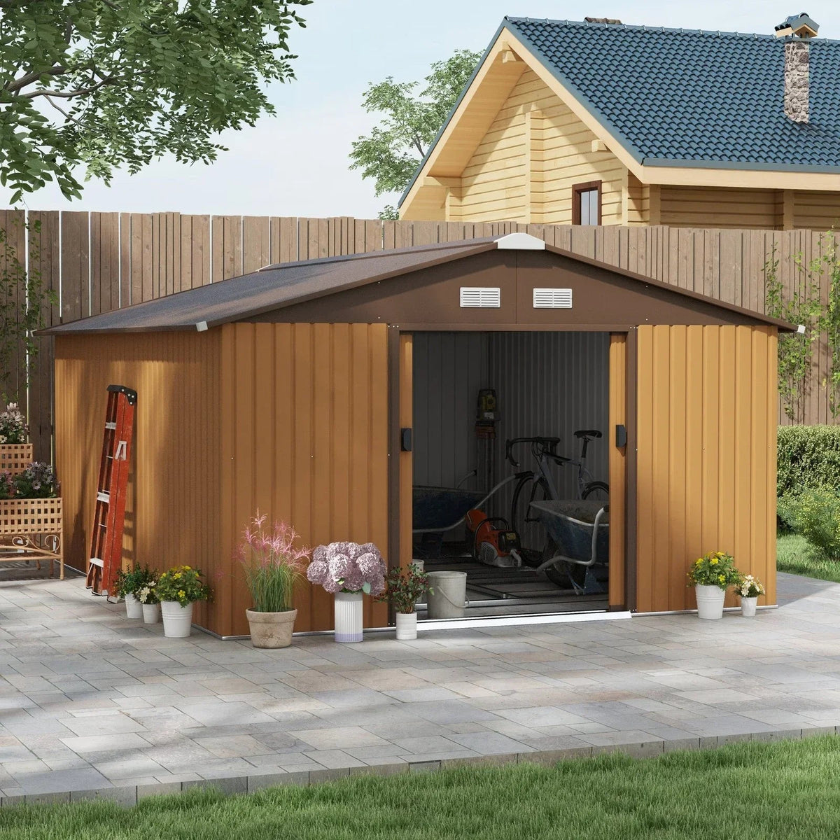 Outsunny Outdoor Storage Shed Yellow 11’×13′ Galvanized Steel - Prioka