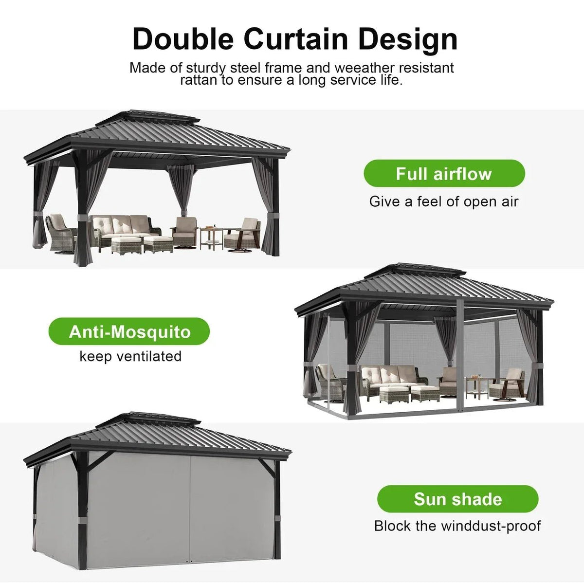 Patioslife Hardtop Pergola Gazebo Grey 10 ft×12 ft Aluminum Frame Galvanized Steel Roof - Prioka