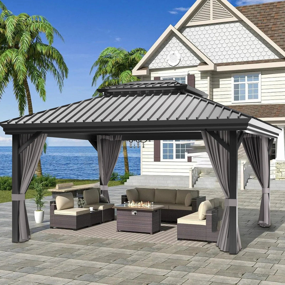Patioslife Hardtop Pergola Gazebo Grey 10 ft×12 ft Aluminum Frame Galvanized Steel Roof - Prioka