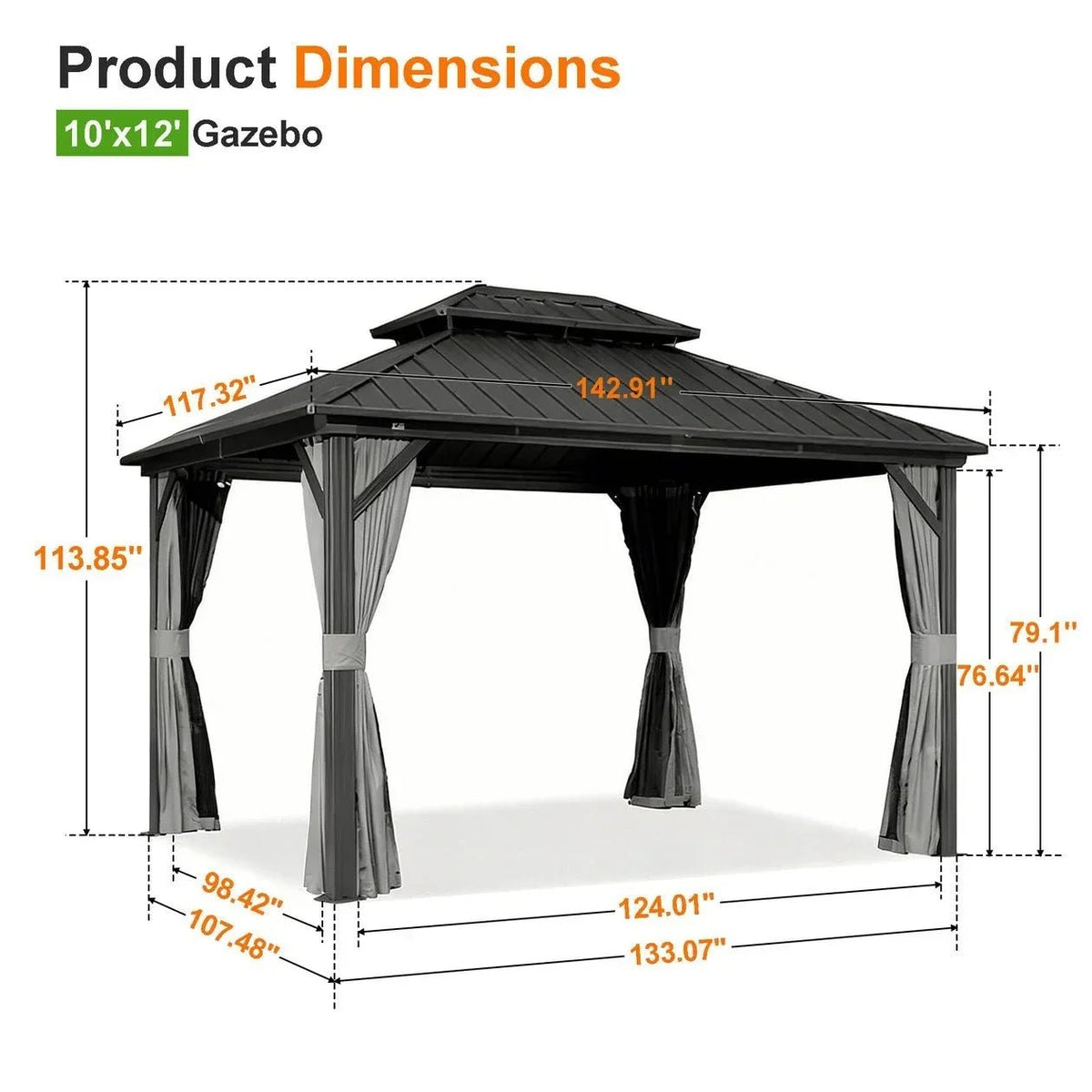 Patioslife Hardtop Pergola Gazebo Grey 10 ft×12 ft Aluminum Frame Galvanized Steel Roof - Prioka